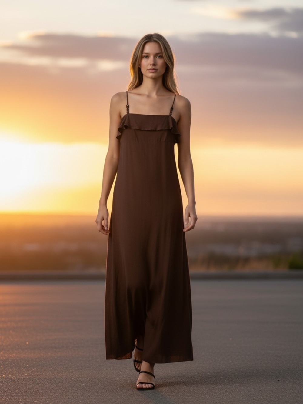 Women's linen blend cocoa brown Maxi Dress with beaded straps in a size Medium.